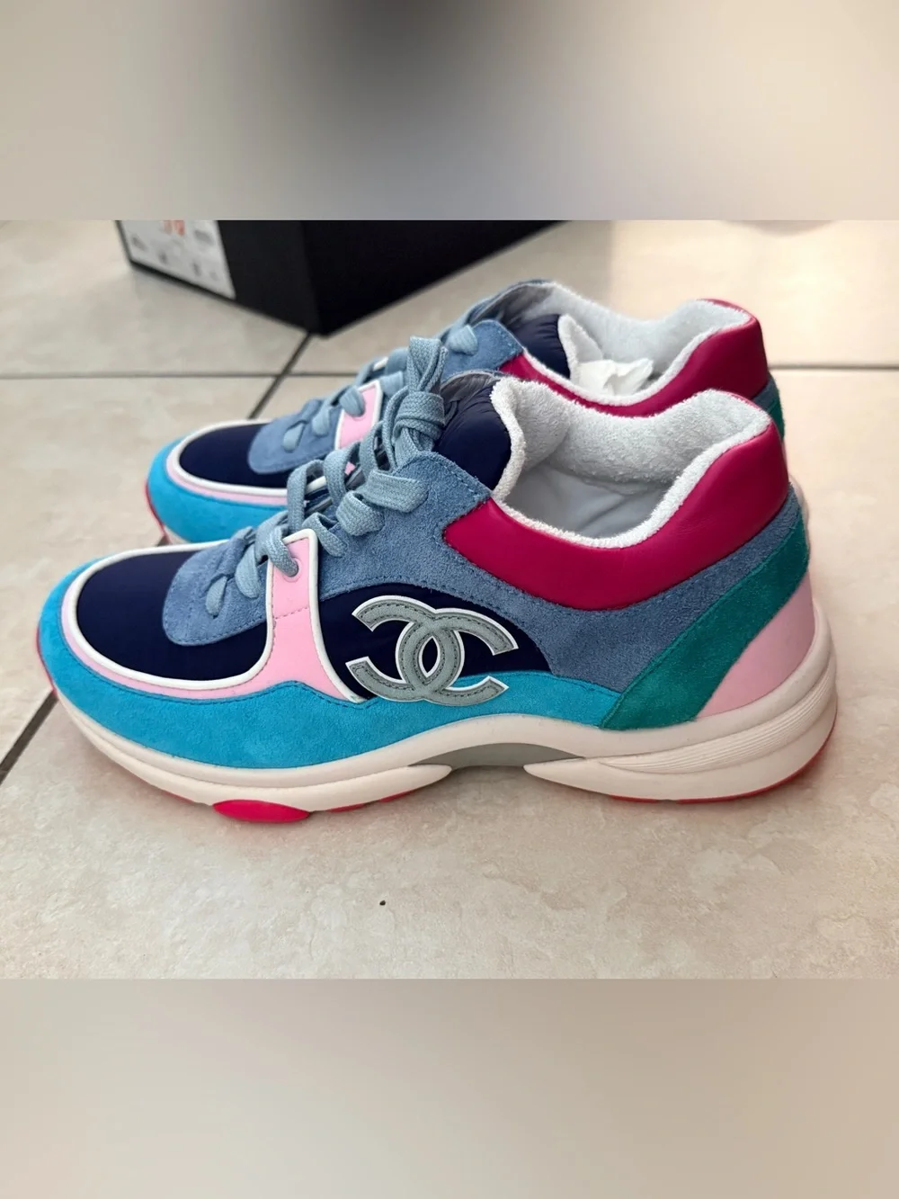 CHANEL Multicolor Suede & Leather Logo Sneakers — Navy, Pink, Turquoise